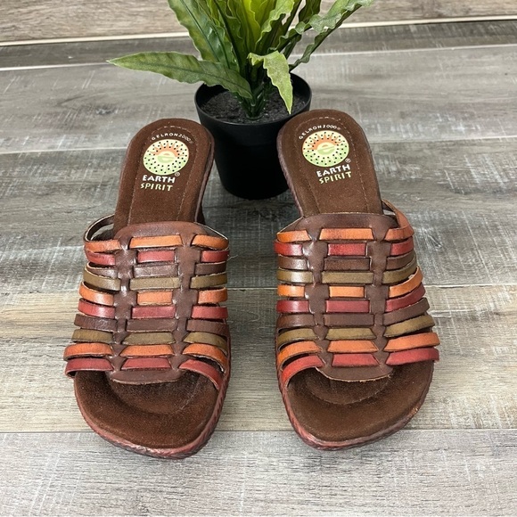 EARTH SPIRIT Gelron Birch Leather Brown Earthtone platform Sandal Slide Size 6.5 - Picture 5 of 11